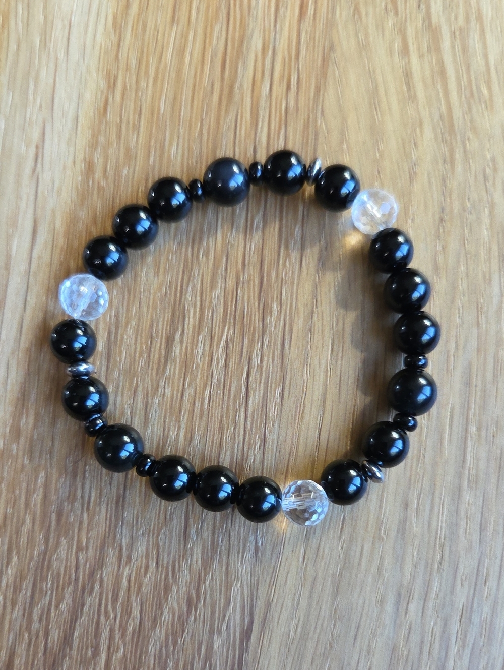 Black Onyx, Rainbow Obsidian & Clear Quartz Beaded Stretch Bracelet | Handmade